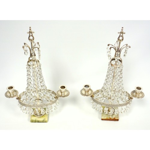 128 - Pair of silver plated two branch candelabra with faceted bead drops, H 37cm (2