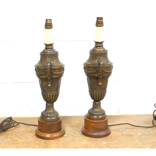 130 - Pair of late 19th century French bronzed spelter urns, adapted to table lamps, H 46.3cm (one restore... 