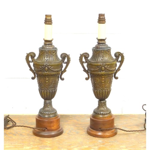 130 - Pair of late 19th century French bronzed spelter urns, adapted to table lamps, H 46.3cm (one restore... 