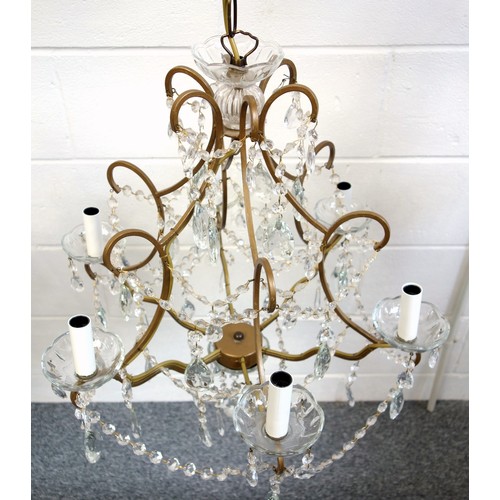 134 - Gilt lacquered electrolier (chandelier) with 6 scroll branches, drip pans, simulated candles, bead s... 