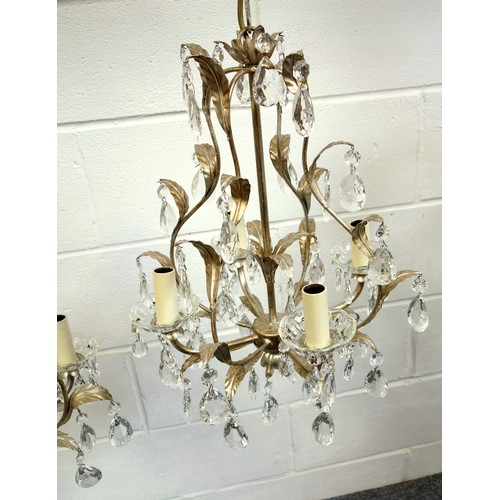 135 - Pair of silvered metal electroliers (chandeliers) with 4 foliate scroll branches, drip pans and simu... 