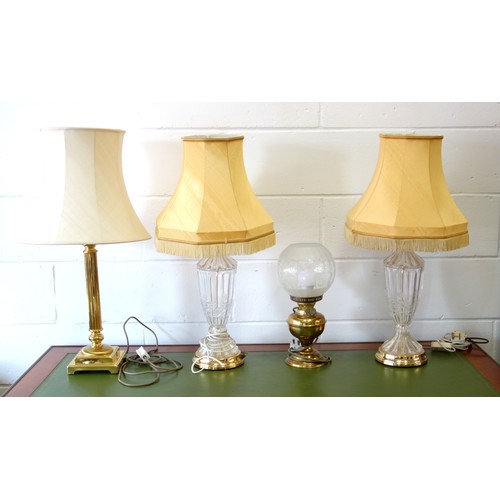 142 - Pair of moulded fluted glass baluster table lamps each with floral decoration, on a circular base, H... 