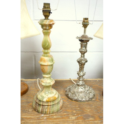 139 - Silver plated candlestick adapted to a table lamp, H. 38 cm, pair of beech spiral twist table lamps ... 