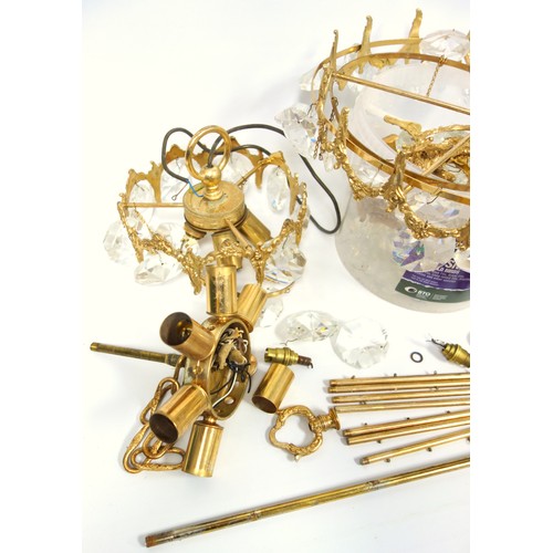 127 - Brass circular part ceiling light fitting with swags bulb holders and prismatic drops, D. 38cm, and ... 