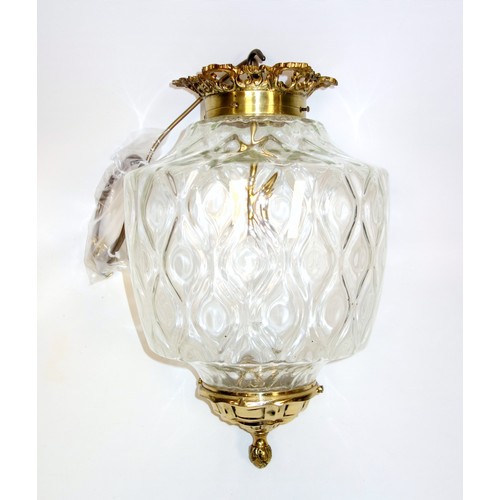 126 - Brass and mottled glass tapering cylindrical hall lantern, H 46cm