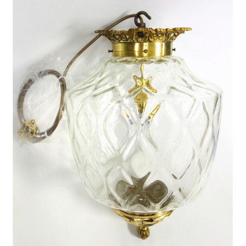 126 - Brass and mottled glass tapering cylindrical hall lantern, H 46cm