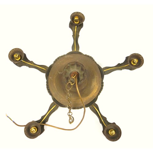 125 - Brass circular five branch electrolier with pineapple and scroll decoration, D 54cm