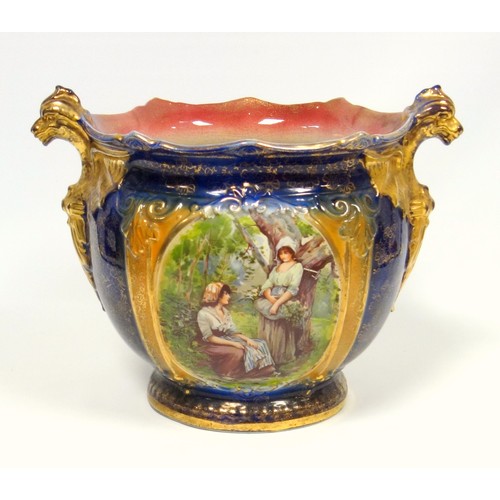 145 - Edwardian earthenware figure decorated cache pot, butterfly and floral cache pot, Mason Cash green c... 