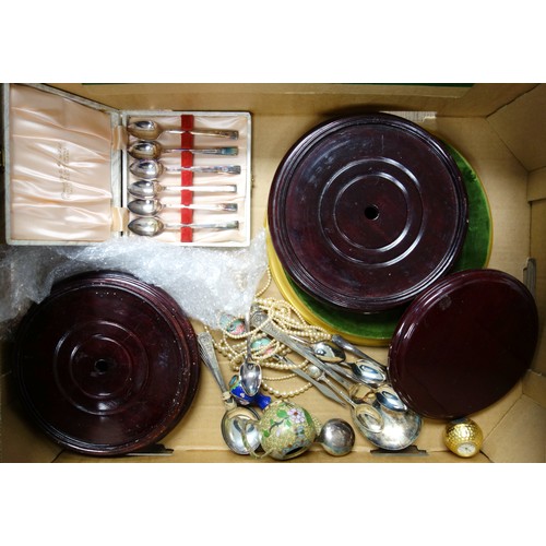 152 - Pair of glass domes, H 28cm, perspex dome, 11 stands and plated cutlery, etc. (a lot)