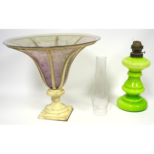 160 - Amethyst mottled glass campana vase on a painted metal stand, H 32cm, D 39cm, lime green glass oil l... 