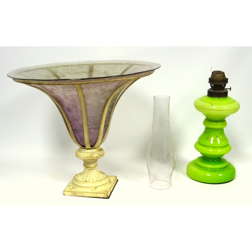 160 - Amethyst mottled glass campana vase on a painted metal stand, H 32cm, D 39cm, lime green glass oil l... 