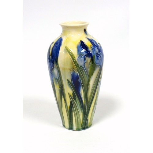 161 - Moorcroft pottery baluster vase painted with blue and green iris decoration, H 16.5cm