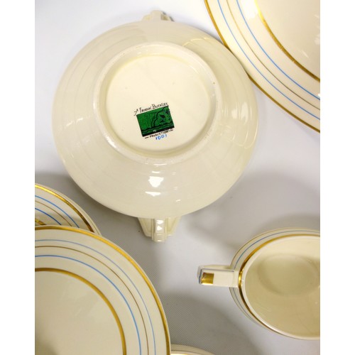 170 - Frank Buckley Art Deco earthenware part dinner set with blue and gilt bands, comprising 6 dinner pla... 