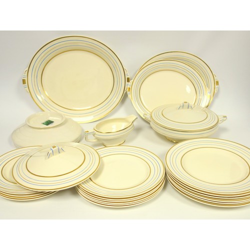 170 - Frank Buckley Art Deco earthenware part dinner set with blue and gilt bands, comprising 6 dinner pla... 