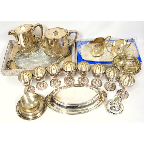 203 - Silver plated 4 piece tea and coffee set of tapering oval form, by Walker & Hall Ltd, Sheffield, 8 g... 