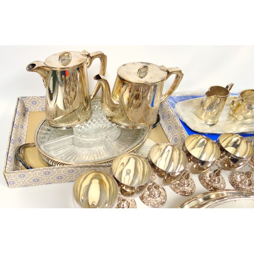 203 - Silver plated 4 piece tea and coffee set of tapering oval form, by Walker & Hall Ltd, Sheffield, 8 g... 