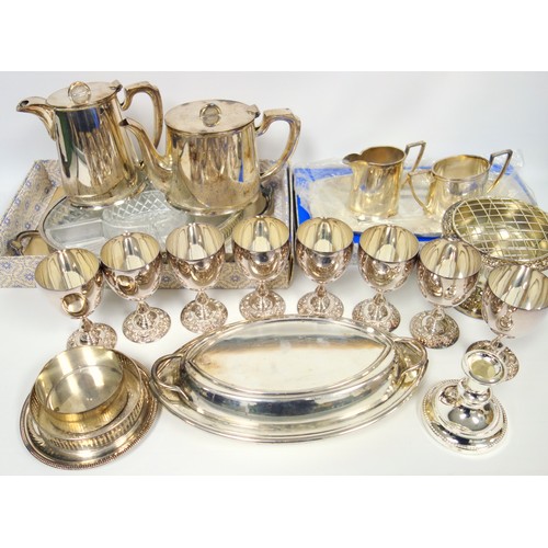 203 - Silver plated 4 piece tea and coffee set of tapering oval form, by Walker & Hall Ltd, Sheffield, 8 g... 