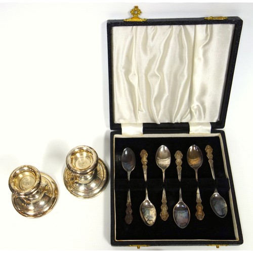 206 - Set of 6 silver demi-tasse spoons, each with a fancy handle, by B. Ltd., Birmingham 1869, cased, pai... 