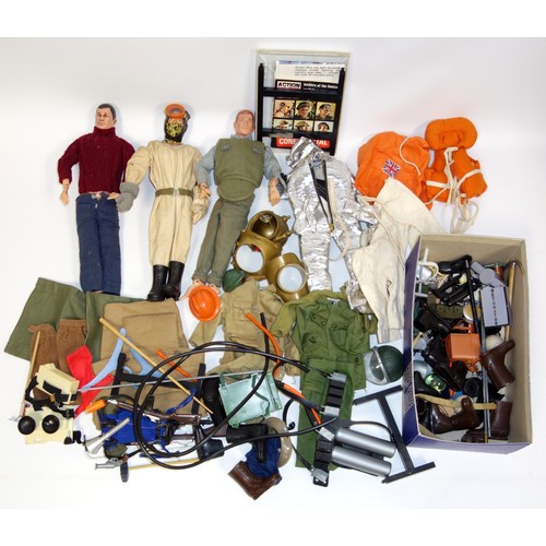 217 - 3 Action Men, clothing, equipment, other related items including an armoured vehicle (altered)