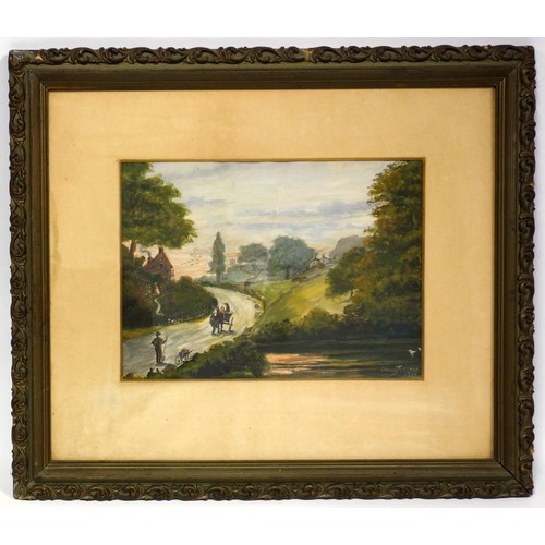 219 - Amy Pearce, Country Lane with figures, horse, cart, trees and buildings beyond, signed and dated 190... 