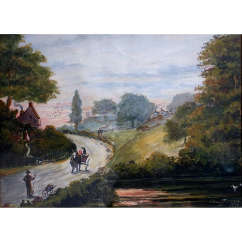 219 - Amy Pearce, Country Lane with figures, horse, cart, trees and buildings beyond, signed and dated 190... 