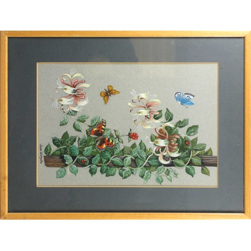 228 - Joan Wingate, two floral studies, honeysuckle with butterflies, 22 x 32 cm and a floral arrangement ... 