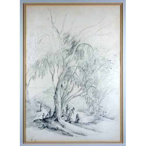 231 - English school, 18th Century figures under a tree, signed with initials HC or HG, 38 x 26.5 cm