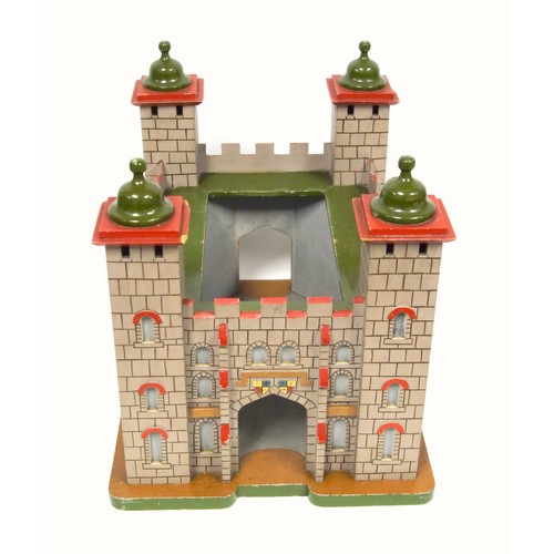 252 - Scratchbuilt wood model of a fort with painted grey, green and red decoration, 40.6 x 30.2cm overall... 