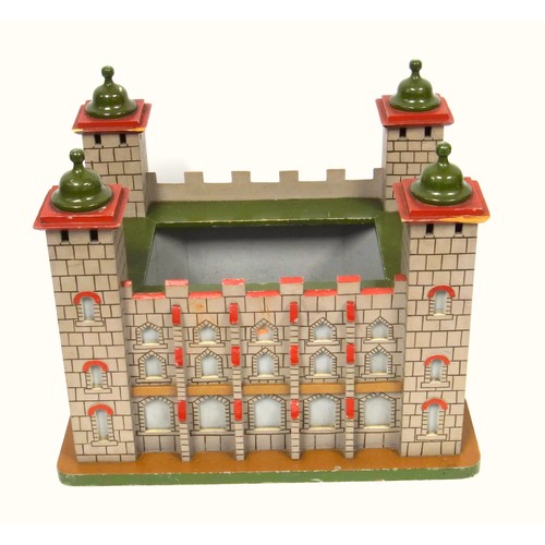 252 - Scratchbuilt wood model of a fort with painted grey, green and red decoration, 40.6 x 30.2cm overall... 