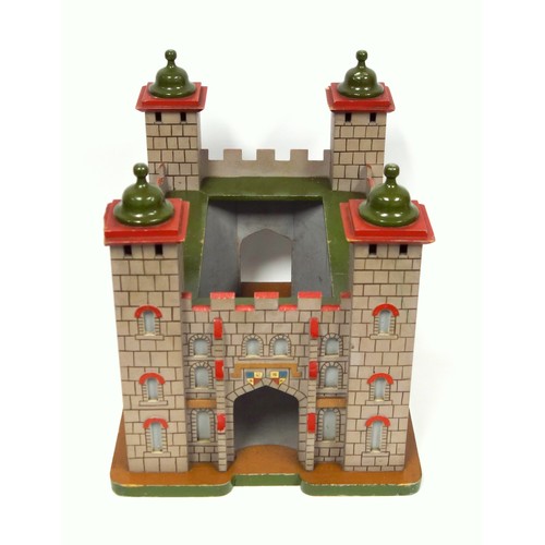 252 - Scratchbuilt wood model of a fort with painted grey, green and red decoration, 40.6 x 30.2cm overall... 