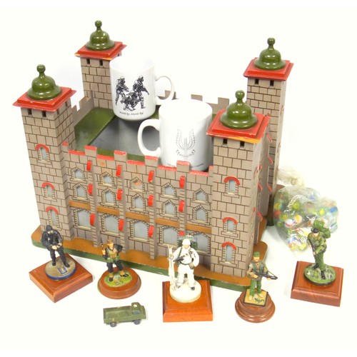 252 - Scratchbuilt wood model of a fort with painted grey, green and red decoration, 40.6 x 30.2cm overall... 