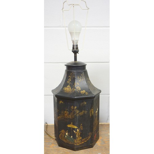 257 - Octagonal metal “tea caddy” table lamp with black and gilt chinoiserie decoration, H 44.5cm, with sh... 