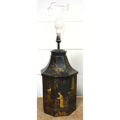 257 - Octagonal metal “tea caddy” table lamp with black and gilt chinoiserie decoration, H 44.5cm, with sh... 