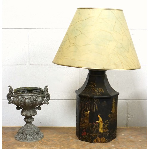 257 - Octagonal metal “tea caddy” table lamp with black and gilt chinoiserie decoration, H 44.5cm, with sh... 