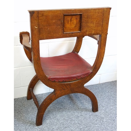 287 - Masonic Master’s oak chair with a fluted panel back centred by a shield with initials “JWM” and date... 