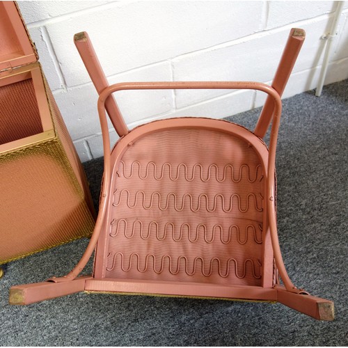 330 - Kraft pink and gilt loom armchair with a patterned upholstered seat, and a rectangular linen bin wit... 