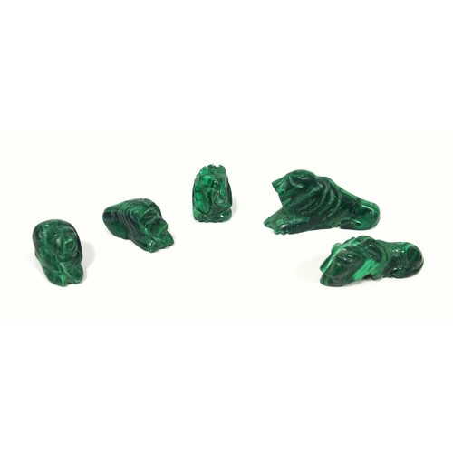 345 - Pride of 5 carved malachite lions, 2 with chipped paws, L 8cm the longest