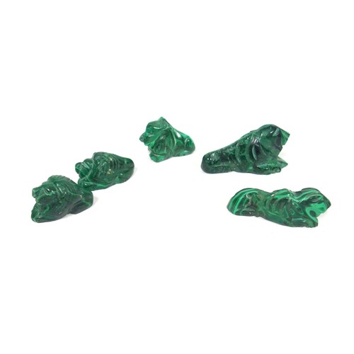 345 - Pride of 5 carved malachite lions, 2 with chipped paws, L 8cm the longest