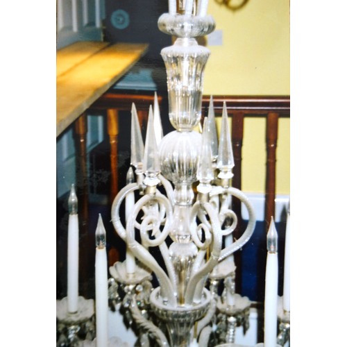 131 - Large glass electrolier (chandelier) with a baluster column, spiral twist scroll and other branches,... 