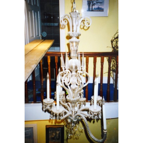 131 - Large glass electrolier (chandelier) with a baluster column, spiral twist scroll and other branches,... 