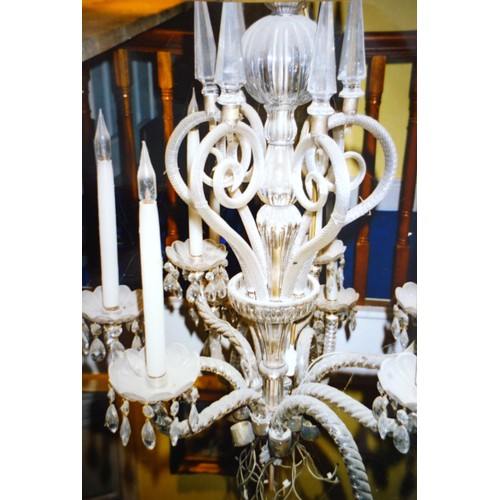 131 - Large glass electrolier (chandelier) with a baluster column, spiral twist scroll and other branches,... 