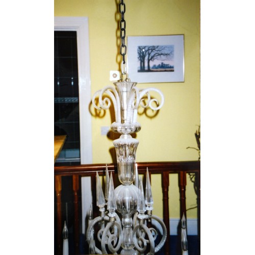 131 - Large glass electrolier (chandelier) with a baluster column, spiral twist scroll and other branches,... 