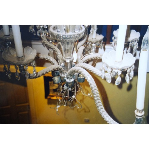 131 - Large glass electrolier (chandelier) with a baluster column, spiral twist scroll and other branches,... 