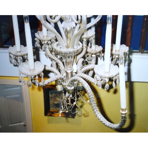 131 - Large glass electrolier (chandelier) with a baluster column, spiral twist scroll and other branches,... 