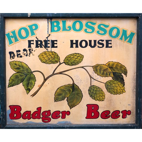 251 - Badger Beer double sided painted wood pub sign for the Hop Blossom Free House, one side with women’s... 