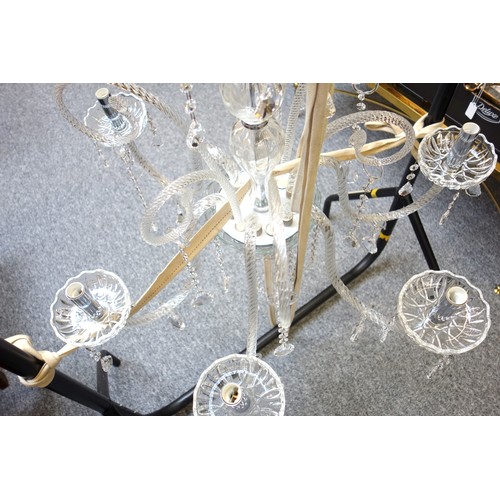 133 - Glass electrolier (chandelier) with a baluster column, 6 spiral twist scroll branches with drip pans... 