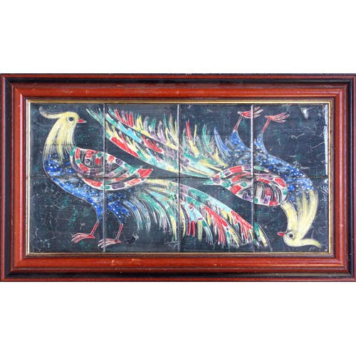 224 - South American art – Ecuador festival scene, painted carved wood picture, abstract (painting of peac... 