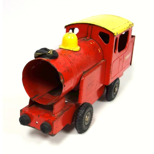 218 - Triang red and yellow tinplate model of a locomotive, the front wheels turning to pump bellows in ca... 