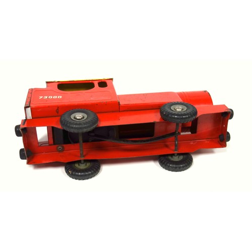 218 - Triang red and yellow tinplate model of a locomotive, the front wheels turning to pump bellows in ca... 