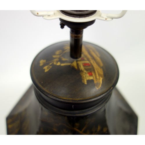 257 - Octagonal metal “tea caddy” table lamp with black and gilt chinoiserie decoration, H 44.5cm, with sh... 